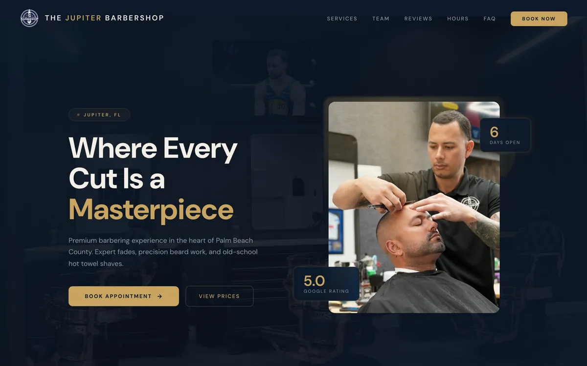 The Jupiter Barbershop website, built by Lyfework
